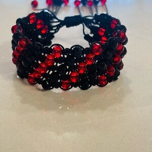 "Crimson Night" Statement Cuff – Black & Red Hand-Knotted Macramé